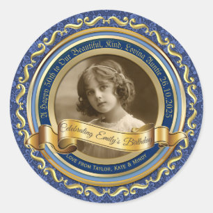 Sticker Rond Cadre photo classique Gold Bannière élégante Bleu