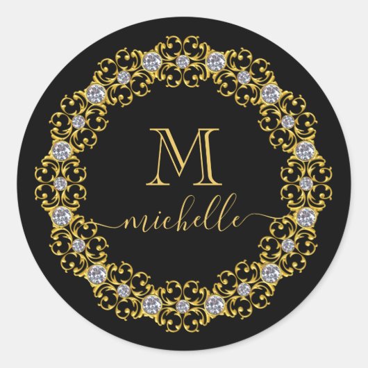 Sticker Rond Cadres de bijoux en or Monogramme Nom Bâton rond c (Devant)