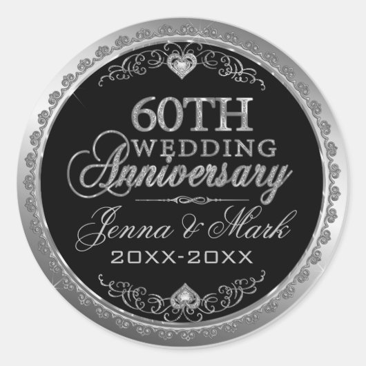 Sticker Rond Cadres et Coeurs d'argent 60e anniversaire du Mari (Devant)