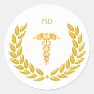 Sticker Rond Caducée de médecin avec monogramme et doré