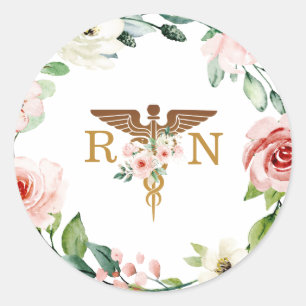 Sticker Rond Caducée Fleur Florale Rose Pêche Or RN Diplômée 