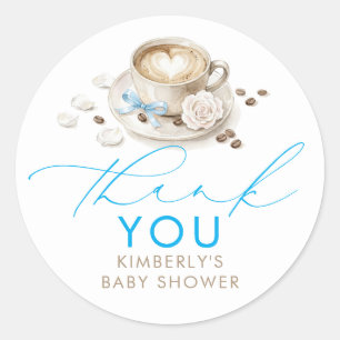 Sticker Rond Café au Ruban Bleu Baby Shower Merci
