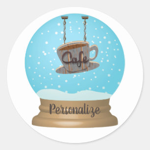 Sticker Rond Café café bois rustique panneau neige bleu bleu