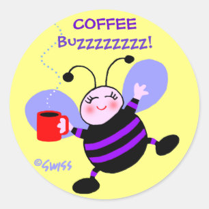 Sticker Rond Café Cute Caféine Buzz Busy Bee Purple Stripes
