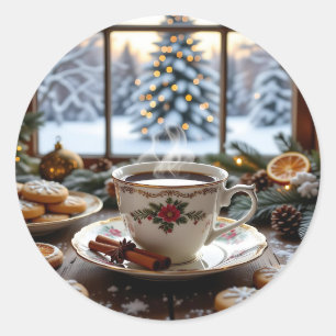 Sticker Rond Café et biscuits de Noël Fenêtre d'hiver Scène