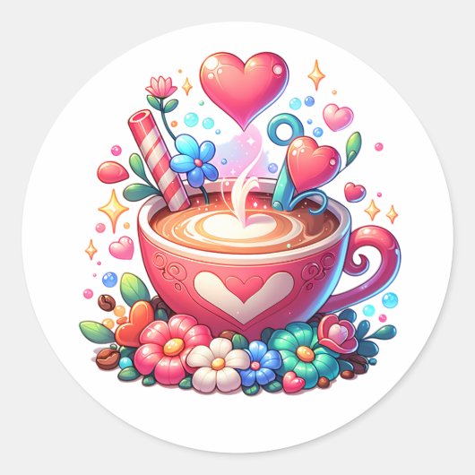 Sticker Rond Café et Coeurs Whimsical Rose Cute (Devant)