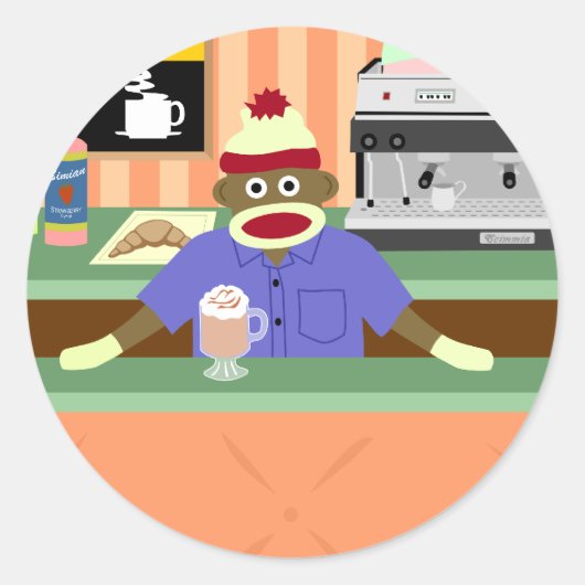 Sticker Rond Café Sock Monkey Barista (Devant)