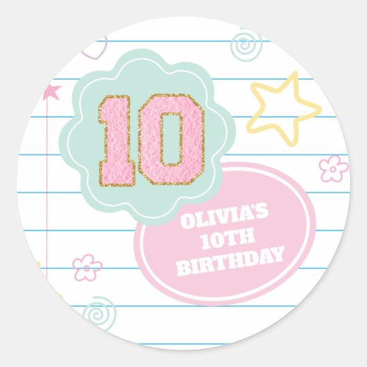 Sticker Rond Cahier de notes Varsity preppy pastel patch 10e an (Devant)