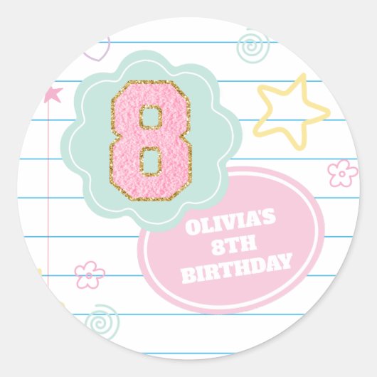 Sticker Rond Cahier Varsity preppy pastel patch 8e anniversaire (Devant)
