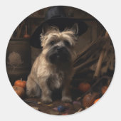 Sticker Rond Cairn Terrier Citrouilles Halloween effroi (Devant)