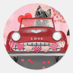 Sticker Rond Cairn Terrier voiture avec coeur Valentine's