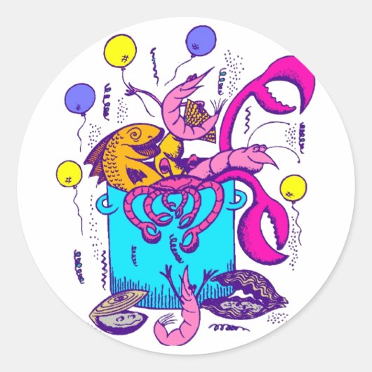 Sticker Rond Cajun Style Pot avec Poisson, écrevisse, crevettes (Devant)