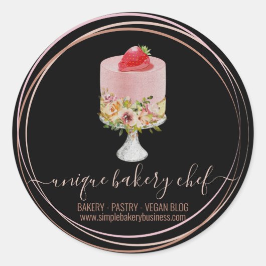 Sticker Rond Cake fraise boulangerie chef rose noir (Devant)