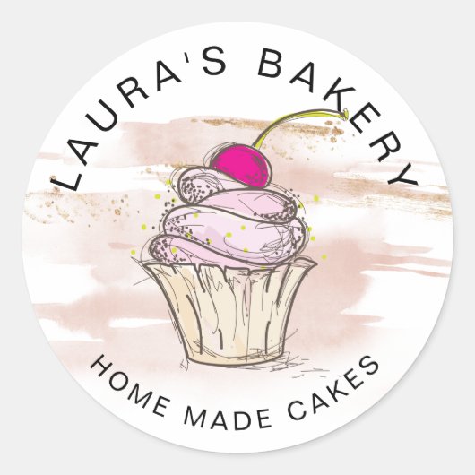 Sticker Rond Cakes & Sweets Cupcake Accueil Boulangerie Rose Go (Devant)