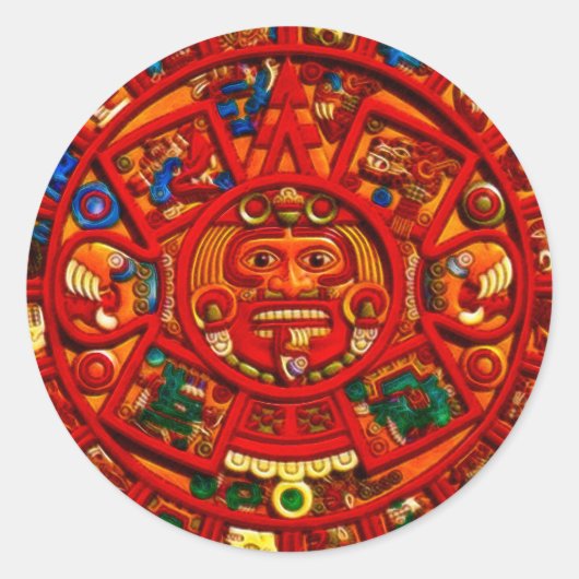 Sticker Rond Calendrier Sun MAYAN du Mexique (version rouge) (Devant)