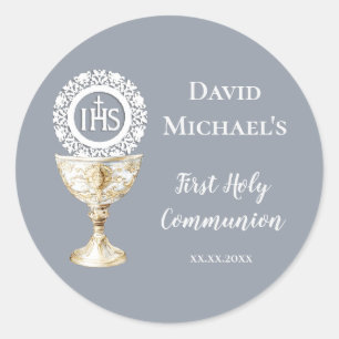 Sticker Rond Calice Hostie Première Communion fond bleu