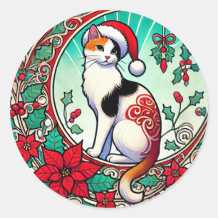 Sticker Rond Calico Cat Christmas