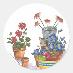 Sticker Rond Calico Chat Pansies Pommes Aquarelle "Paloma"