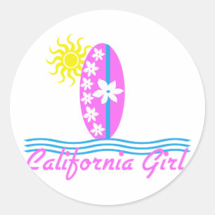 Sticker Rond California Girl Pink Surfboard W/Sun