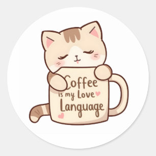 Sticker Rond Câlins de chat mignon Café Amour Langage