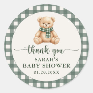 Sticker Rond Câlins Ourson Vert Carreaux Baby Shower Remercieme