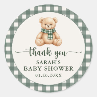 Sticker Rond Câlins Ourson Vert Carreaux Baby Shower Remercieme