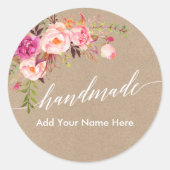 Sticker Rond Calligraphie artisanale Tour rose Floral Kraft (Devant)