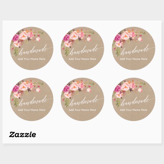 Sticker Rond Calligraphie artisanale Tour rose Floral Kraft (Feuille)