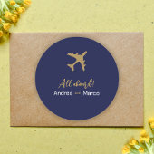 Sticker Rond Calligraphie Bleu Et Gold Boararing Pass Mariage