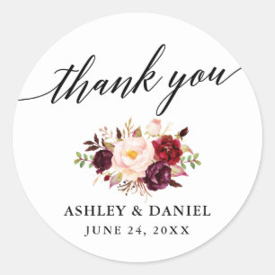 Sticker Rond Calligraphie Bourgogne Floral Mariage Merci