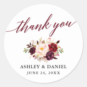 Sticker Rond Calligraphie Floral Bourgogne Mariage Merci