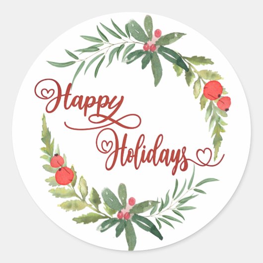 Sticker Rond Calligraphie Happy Holidays couronne botanique (Devant)
