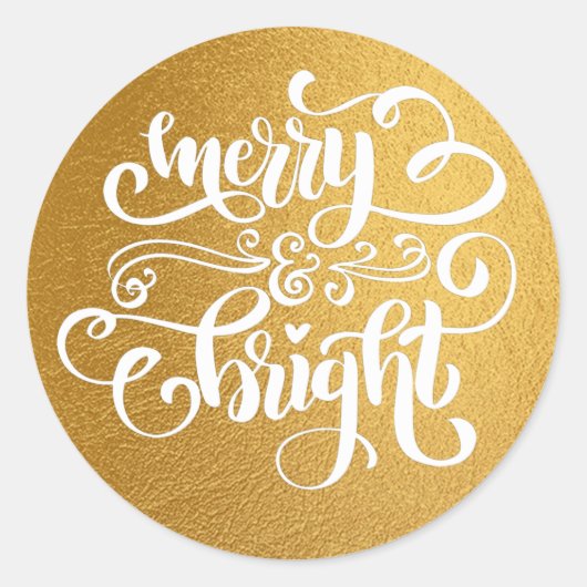 Sticker Rond Calligraphie Merry & Bright Lux Gold Foil (Devant)