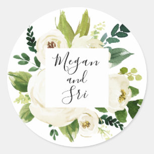 Sticker Rond Calligraphie moderne de verdure florale blanche