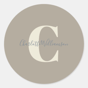 Sticker Rond Calligraphie moderne élégante Monogramme Nom Taupe