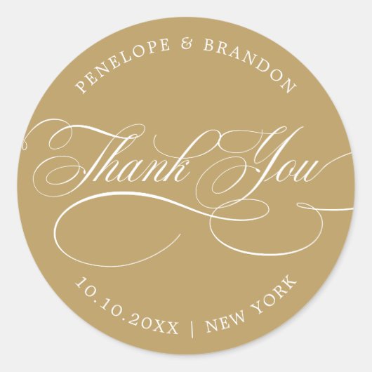 Sticker Rond Calligraphie moderne mariage d'or intemporel merci (Devant)