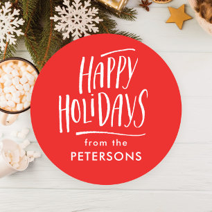 Sticker Rond Calligraphie moderne Red Happy Holidays