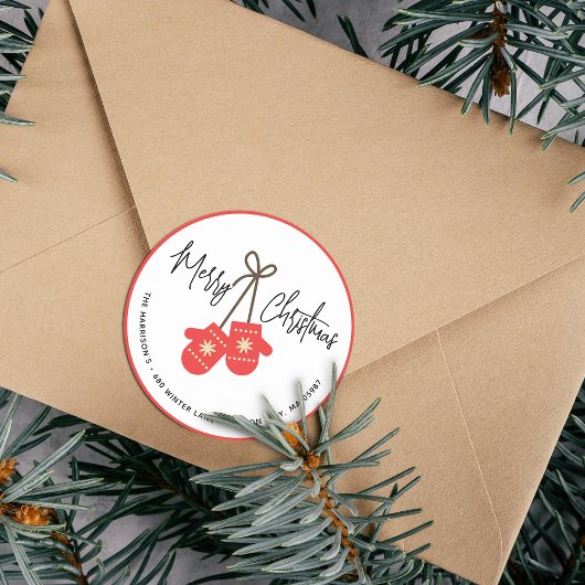 Sticker Rond Calligraphie moderne Red Mittens Adresse de retour
