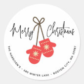 Sticker Rond Calligraphie moderne Red Mittens Adresse de retour (Devant)