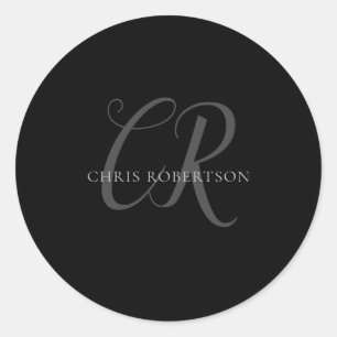 Sticker Rond Calligraphie Monogramme Nom Black Grey Cadeau pers