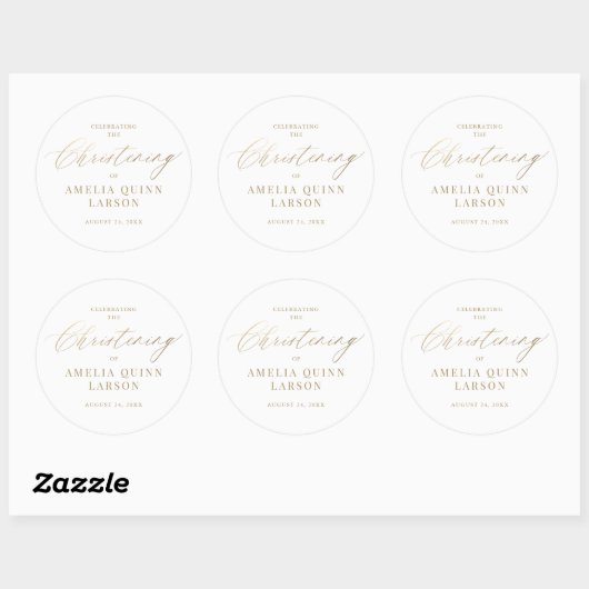 Sticker Rond Calligraphie Or Simple Elegant Script Christening (Feuille)