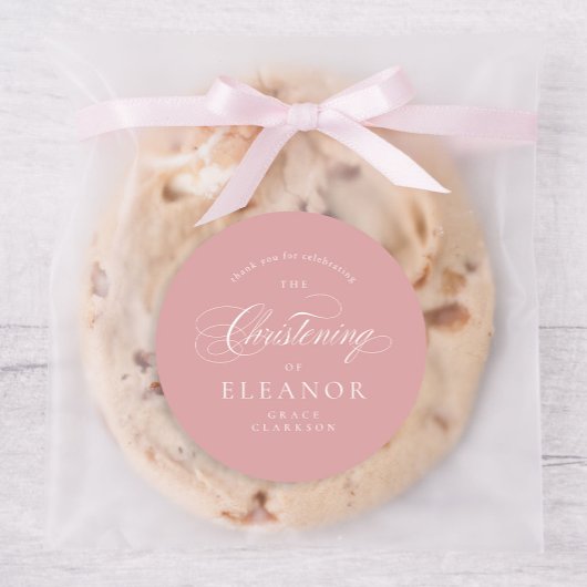 Sticker Rond Calligraphie rose élégante Christening Merci