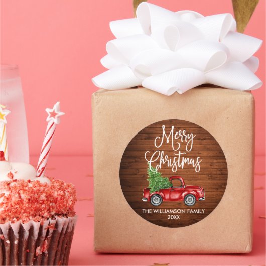 Sticker Rond Calligraphie Script Bois Noël Camion rouge (Fête)