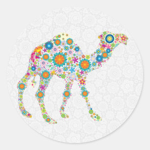 Sticker Rond Camel Floral Retro coloré et Damas blanches