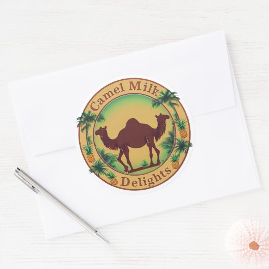 Sticker Rond Camel Milk Delights-Tropical Camel Palm Pineapple (Enveloppe)