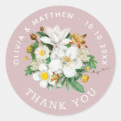 Sticker Rond Camélia vintage. Mariage rose pâle merci (Devant)