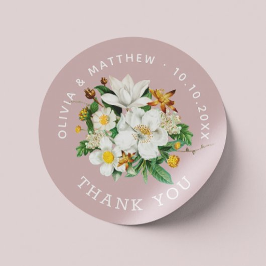 Sticker Rond Camélia vintage. Mariage rose pâle merci