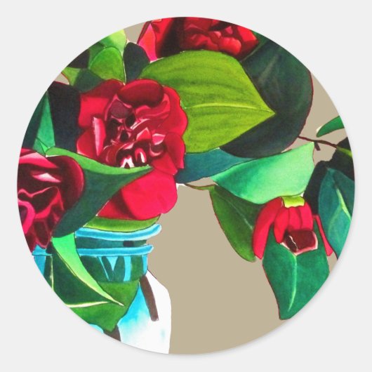 Sticker Rond Camellias rouge avec fleur d'aquarelle de feuillag (Devant)