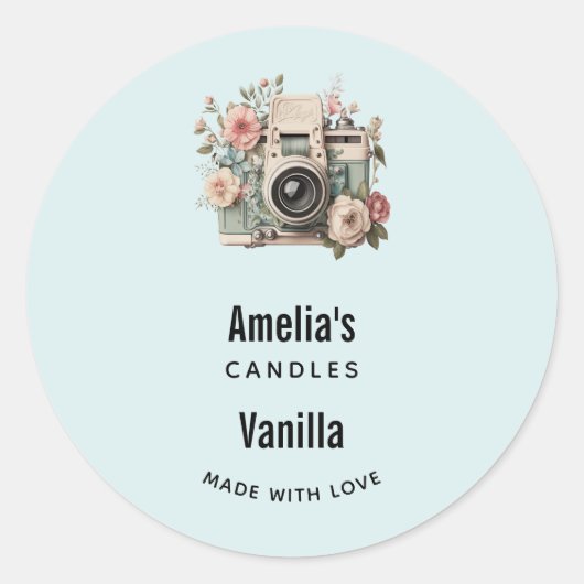 Sticker Rond Camera with Flowers Retro Pastel Candle Business (Devant)