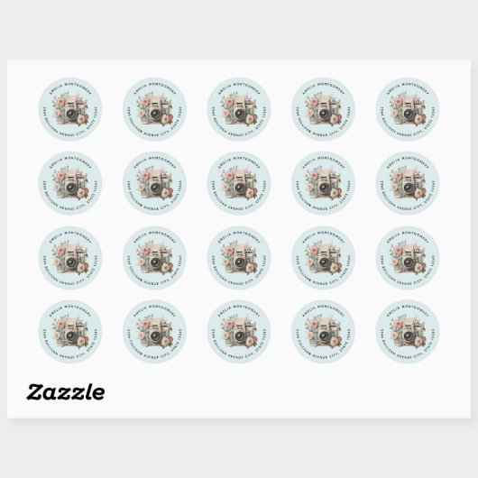 Sticker Rond Camera with Flowers Retro Pastel Image - Address (Feuille)